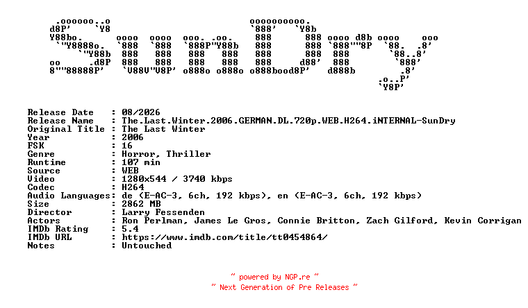 NFO for the release The.Last.Winter.2006.GERMAN.DL.720p.WEB.H264.iNTERNAL-SunDry by SunDry