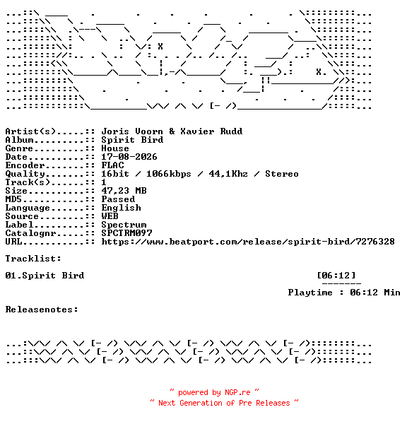 NFO for the release Joris_Voorn_And_Xavier_Rudd-Spirit_Bird-SPCTRM097-SINGLE-16BIT-WEB-FLAC-2026-WAVED by WAVED