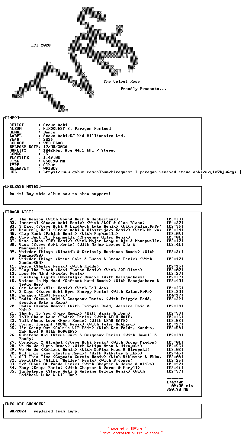 NFO for the release Steve_Aoki-HiROQUEST_3_Paragon_Remixed-16BIT-WEB-FLAC-2026-TVRf by TVRf