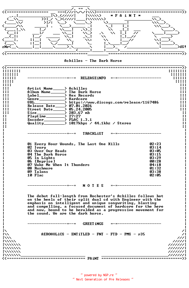 NFO for the release Achilles-The_Dark_Horse-CD-FLAC-2005-FAiNT by FAiNT