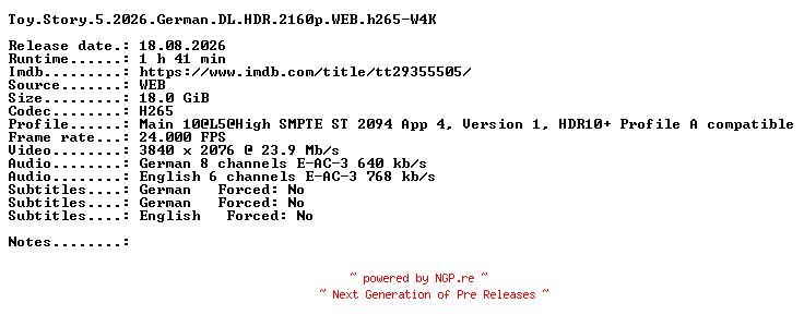 NFO for the release Toy.Story.5.2026.German.DL.HDR.2160p.WEB.h265-W4K by W4K