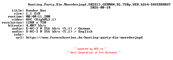 NFO for the release Hunting.Party.Die.Moerderjagd.S02E13.GERMAN.DL.720p.WEB.h264-SAUERKRAUT by SAUERKRAUT
