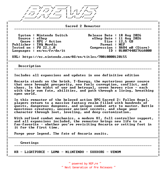 NFO for the release Sacred_2_Remaster_NSW-BREWS by BREWS