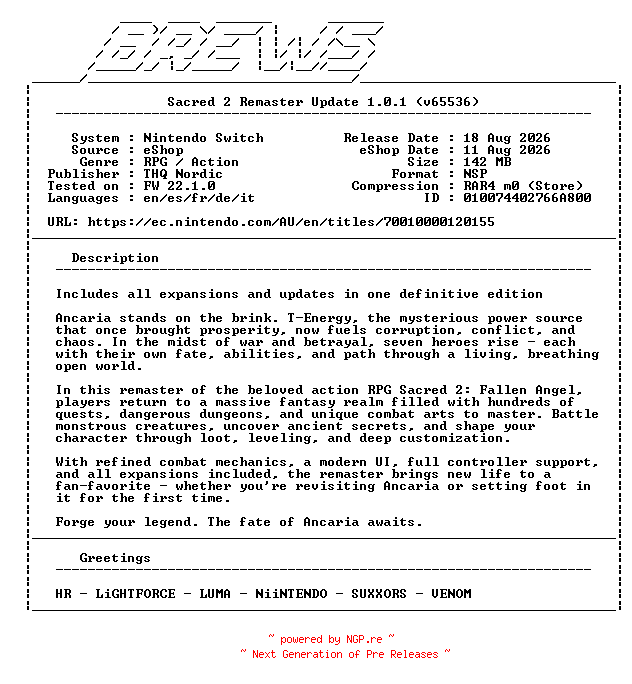 NFO for the release Sacred_2_Remaster_Update_v1.0.1_NSW-BREWS by BREWS