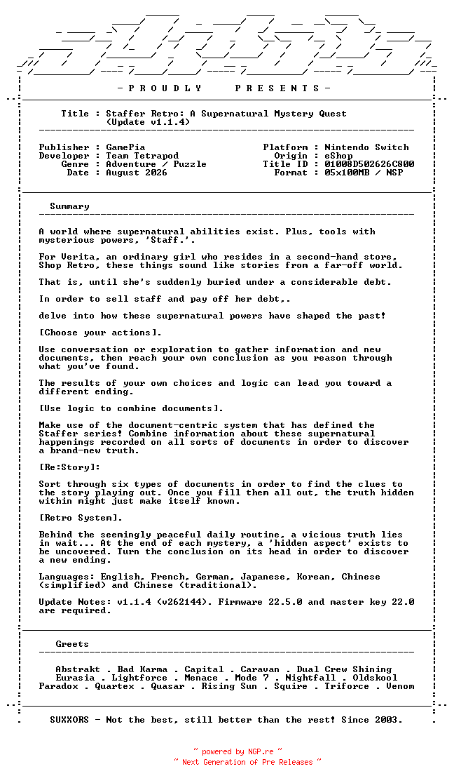 NFO for the release Staffer_Retro_A_Supernatural_Mystery_Quest_Update_v1.1.4_NSW-SUXXORS by SUXXORS
