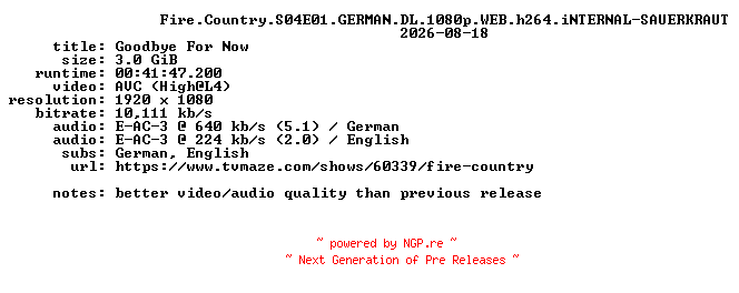 NFO for the release Fire.Country.S04E01.GERMAN.DL.1080p.WEB.h264.iNTERNAL-SAUERKRAUT by SAUERKRAUT