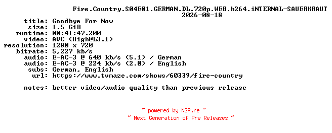 NFO for the release Fire.Country.S04E01.GERMAN.DL.720p.WEB.h264.iNTERNAL-SAUERKRAUT by SAUERKRAUT