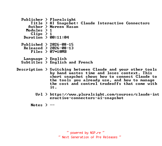 NFO for the release Pluralsight.AI.Snapshot.Claude.Interactive.Connectors.2026.BOOKWARE-GETH by GETH