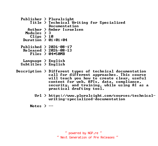 NFO for the release Pluralsight.Technical.Writing.for.Specialized.Documentation.2026.BOOKWARE-GETH by GETH