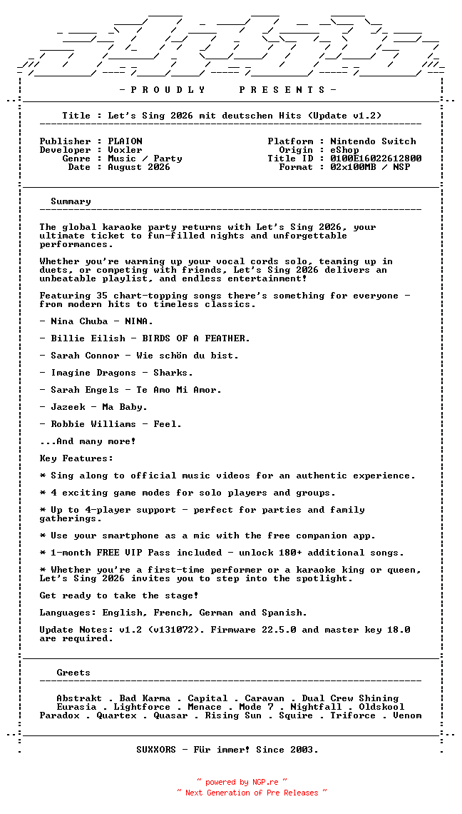 NFO for the release Lets_Sing_2026_mit_Deutschen_Hits_Update_v1.2_NSW-SUXXORS by SUXXORS