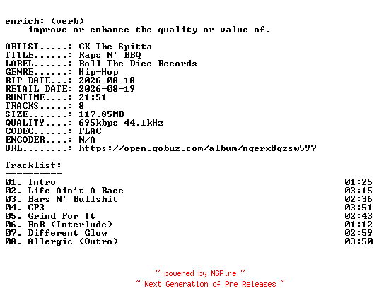 NFO for the release CK_The_Spitta-Raps_N_BBQ-16BIT-WEB-FLAC-2026-ENRiCH by ENRiCH
