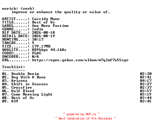 NFO for the release Cassidy_Mann-Best_of_Us-16BIT-WEB-FLAC-2026-ENRiCH by ENRiCH