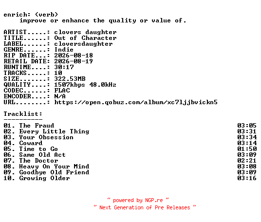 NFO for the release clovers_daughter-Out_of_Character-24BIT-WEB-FLAC-2026-ENRiCH by ENRiCH