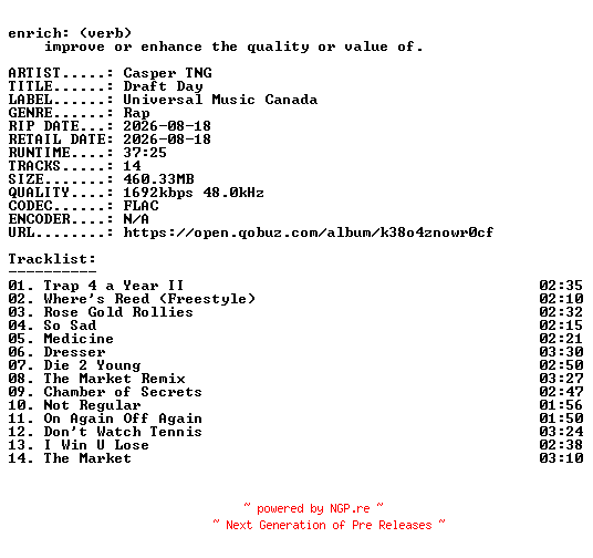 NFO for the release Casper_TNG-Draft_Day-24BIT-WEB-FLAC-2026-ENRiCH by ENRiCH
