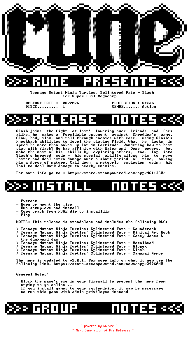 NFO for the release Teenage.Mutant.Ninja.Turtles.Splintered.Fate.Slash-RUNE by RUNE
