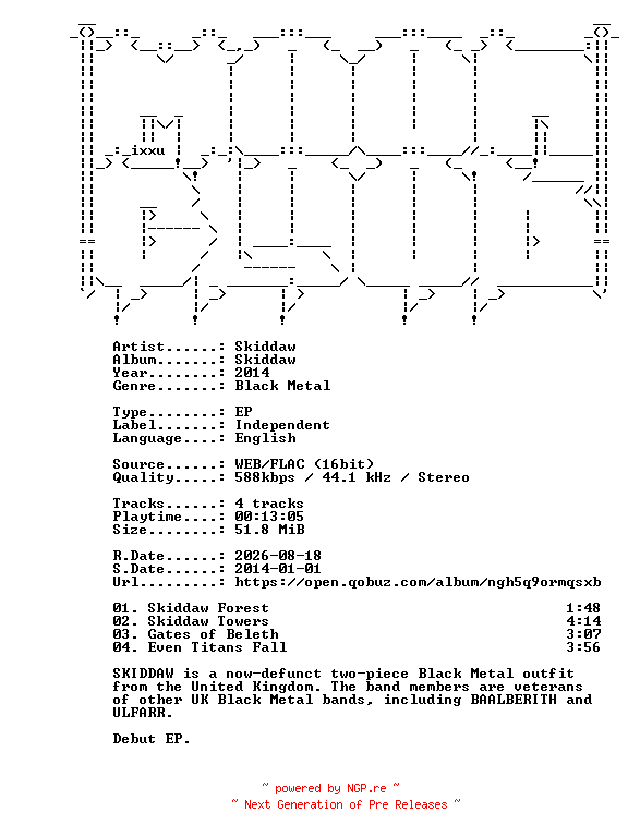 NFO for the release Skiddaw-Skiddaw-EP-16BIT-WEB-FLAC-2014-MOONBLOOD by MOONBLOOD