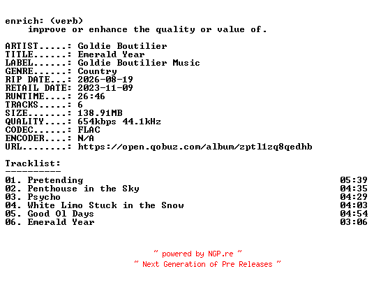 NFO for the release Goldie_Boutilier-Emerald_Year-16BIT-WEB-FLAC-2023-ENRiCH by ENRiCH