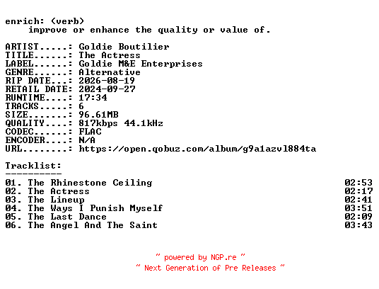 NFO for the release Goldie_Boutilier-The_Actress-16BIT-WEB-FLAC-2024-ENRiCH by ENRiCH
