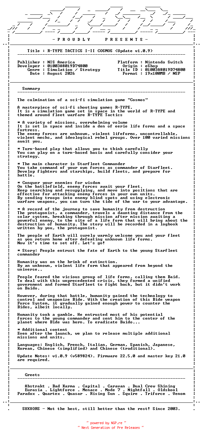 NFO for the release R-TYPE_TACTICS_I_II_COSMOS_Update_v1.0.9_NSW-SUXXORS by SUXXORS