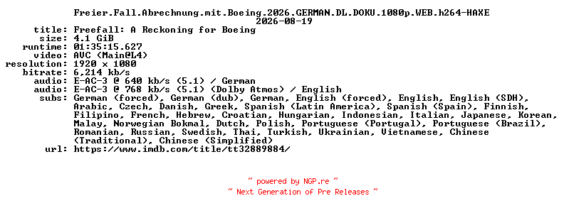 NFO for the release Freier.Fall.Abrechnung.mit.Boeing.2026.GERMAN.DL.DOKU.1080p.WEB.h264-HAXE by HAXE