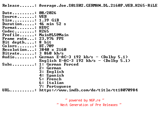 NFO for the release Average.Joe.S01E02.GERMAN.DL.2160P.WEB.H265-RiLE by RiLE
