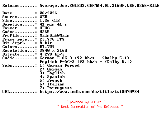 NFO for the release Average.Joe.S01E03.GERMAN.DL.2160P.WEB.H265-RiLE by RiLE