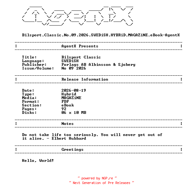 NFO for the release Bilsport.Classic.No.09.2026.SWEDiSH.HYBRiD.MAGAZiNE.eBook-AgentX by AgentX