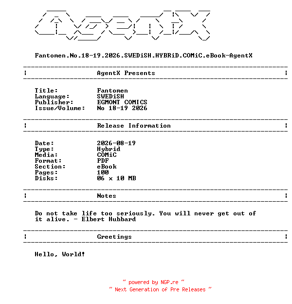 NFO for the release Fantomen.No.18-19.2026.SWEDiSH.HYBRiD.COMiC.eBook-AgentX by AgentX