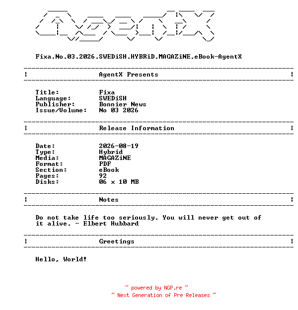 NFO for the release Fixa.No.03.2026.SWEDiSH.HYBRiD.MAGAZiNE.eBook-AgentX by AgentX