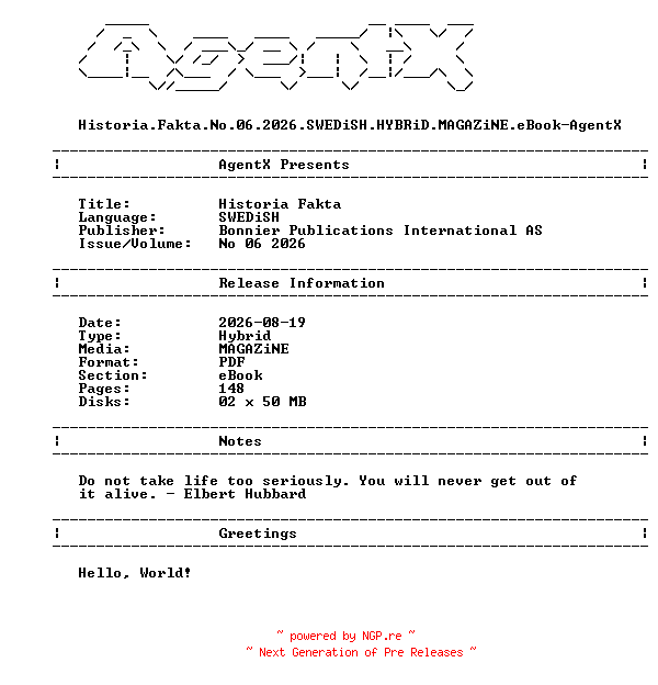 NFO for the release Historia.Fakta.No.06.2026.SWEDiSH.HYBRiD.MAGAZiNE.eBook-AgentX by AgentX