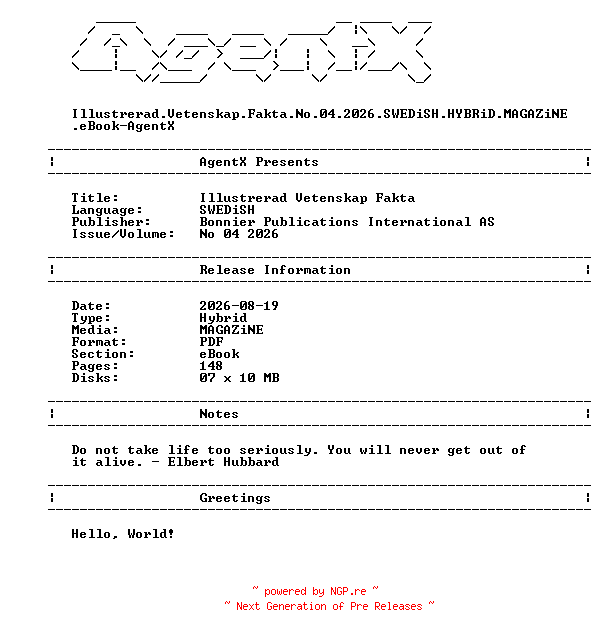 NFO for the release Illustrerad.Vetenskap.Fakta.No.04.2026.SWEDiSH.HYBRiD.MAGAZiNE.eBook-AgentX by AgentX