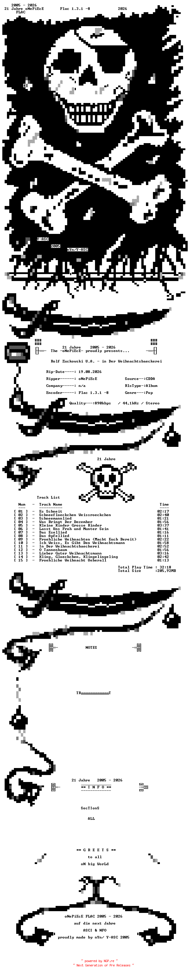 NFO for the release Rolf_Zuckowski_U.A.-In_Der_Weihnachtsbaeckerei-DE-CD-FLAC-1999-oNePiEcE by oNePiEcE