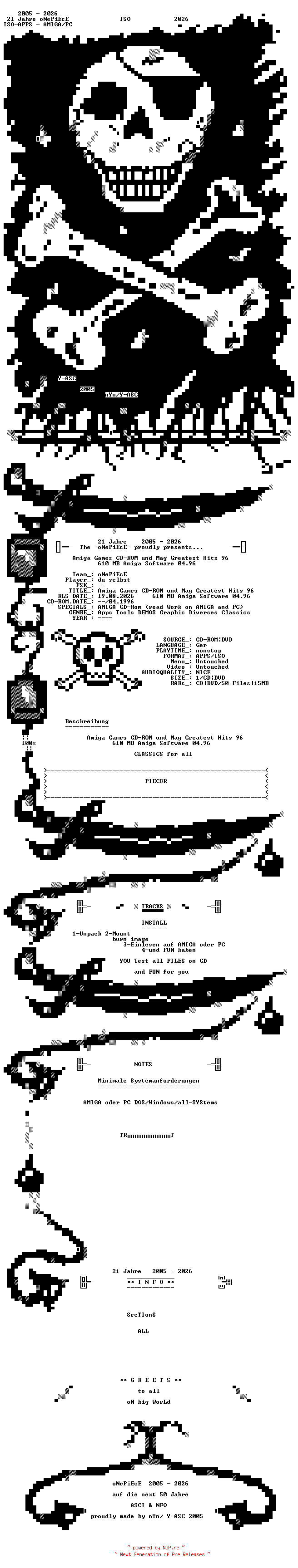 NFO for the release Amiga.Games.CD-ROM.und.Mag.Greatest.Hits.96.610.MB.Amiga.Software.04.96.1996.GERMAN-oNePiEcE by oNePiEcE