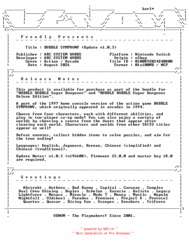 NFO for the release BUBBLE_SYMPHONY_Update_v1.0.3_NSW-VENOM by VENOM