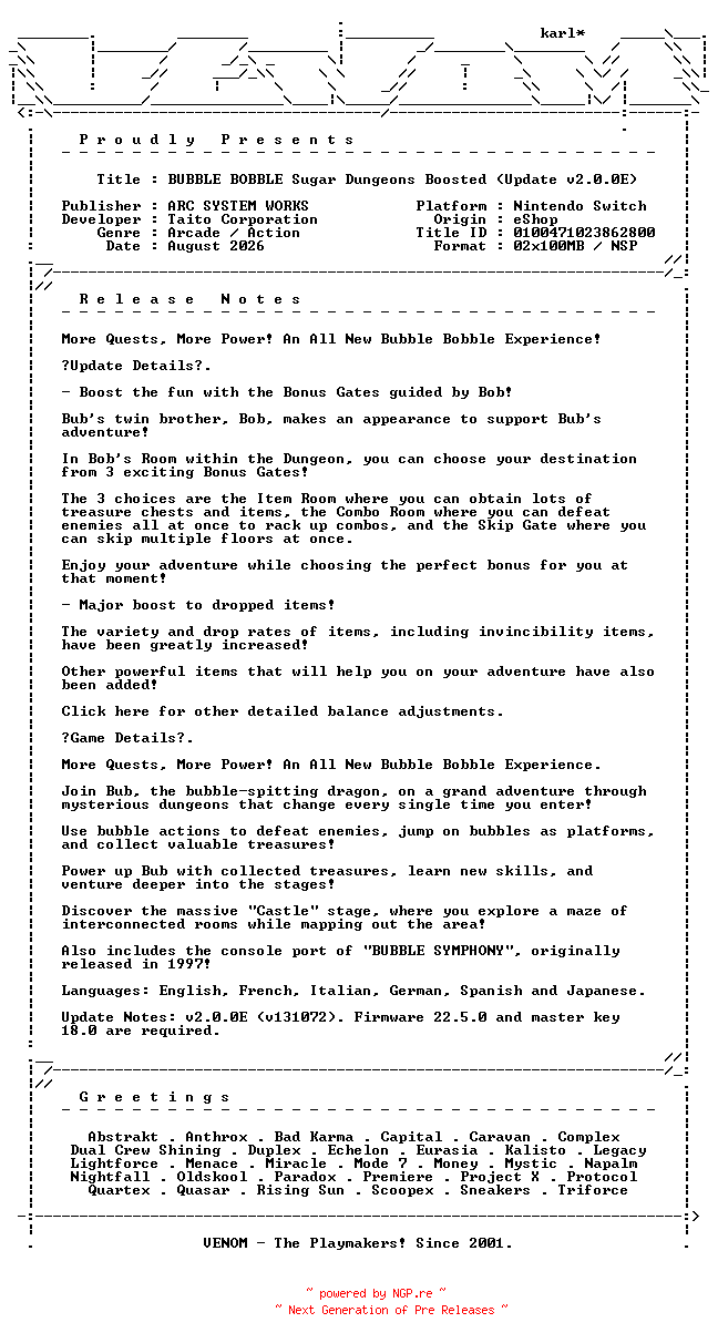 NFO for the release BUBBLE_BOBBLE_Sugar_Dungeons_Update_v2.0.0E_NSW-VENOM by VENOM