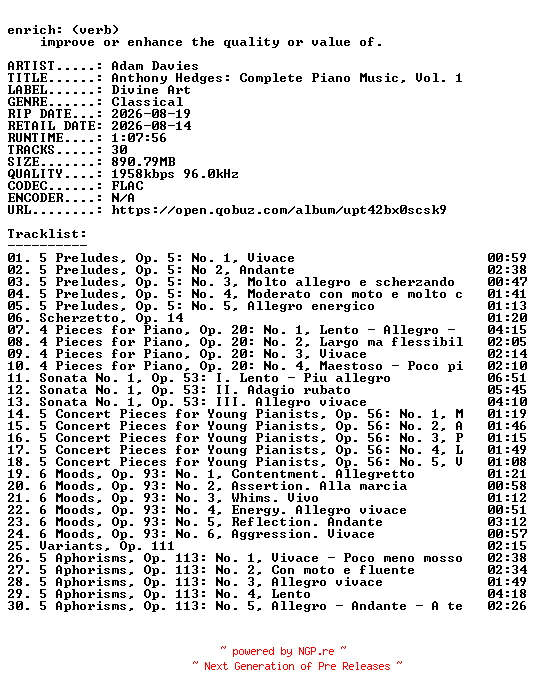 NFO for the release Adam_Davies-Anthony_Hedges_Complete_Piano_Music_Vol._1-24BIT-WEB-FLAC-2026-ENRiCH by ENRiCH
