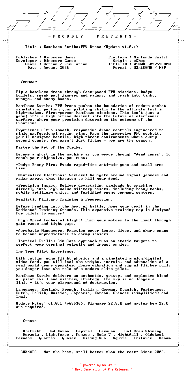 NFO for the release Kamikaze_Strike_FPV_Drone_Update_v1.0.1_NSW-SUXXORS by SUXXORS