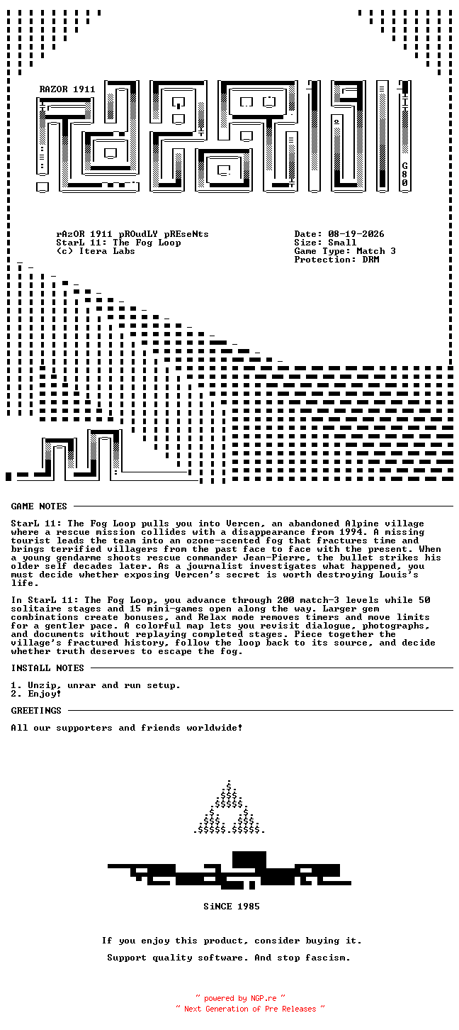 NFO for the release StarL_11_The_Fog_Loop-RAZOR by RAZOR