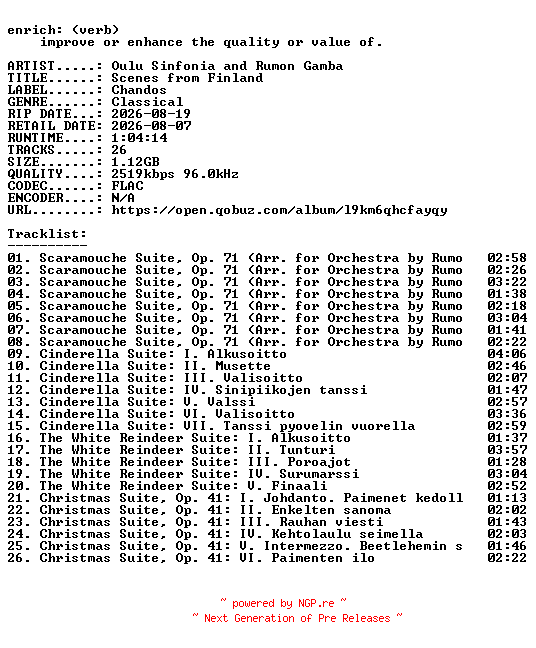 NFO for the release Oulu_Sinfonia_and_Rumon_Gamba-Scenes_from_Finland-24BIT-WEB-FLAC-2026-ENRiCH by ENRiCH