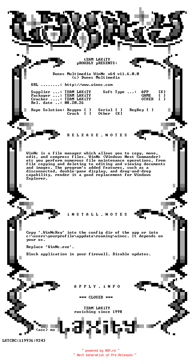 NFO for the release Dunes.Multimedia.WinNc.x64.v11.6.0.0-LAXiTY by LAXiTY