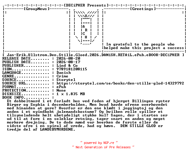 NFO for the release Jan.Erik.Ullstrom.Den.Stille.Gloed.2026.DANiSH.RETAiL.ePub.eBOOK-DECiPHER by DECiPHER