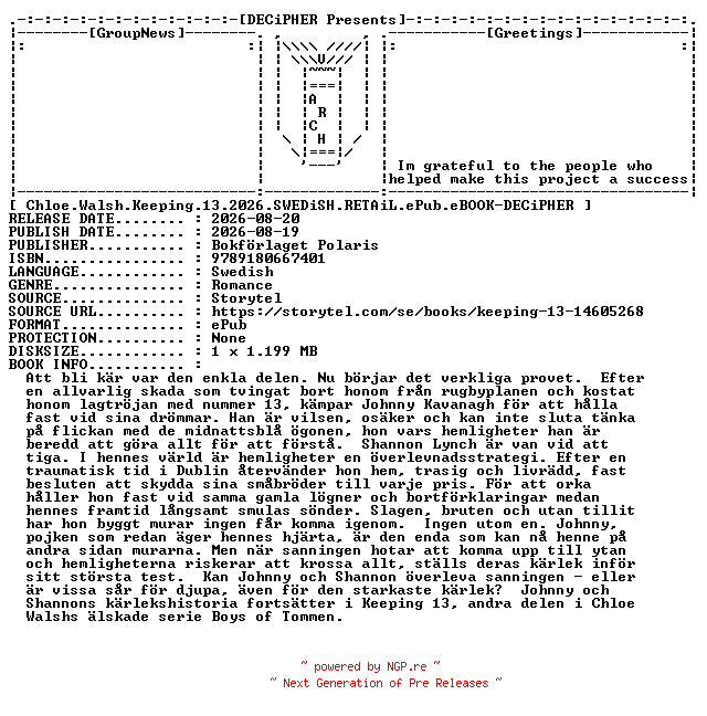 NFO for the release Chloe.Walsh.Keeping.13.2026.SWEDiSH.RETAiL.ePub.eBOOK-DECiPHER by DECiPHER