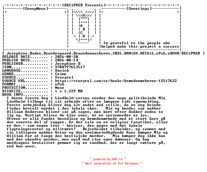 NFO for the release Josephine.Baden.Boendergaard.Braendemaerkeren.2026.DANiSH.RETAiL.ePub.eBOOK-DECiPHER by DECiPHER