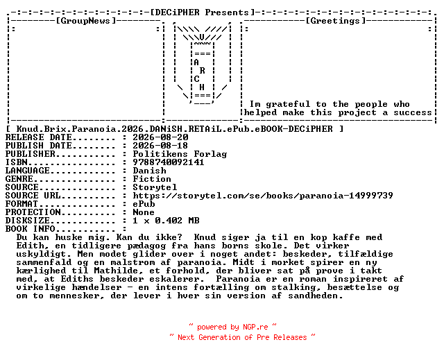 NFO for the release Knud.Brix.Paranoia.2026.DANiSH.RETAiL.ePub.eBOOK-DECiPHER by DECiPHER