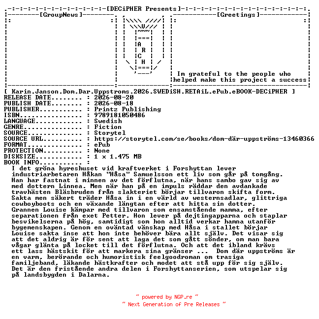 NFO for the release Karin.Janson.Dom.Dar.Uppstroms.2026.SWEDiSH.RETAiL.ePub.eBOOK-DECiPHER by DECiPHER