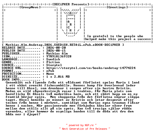 NFO for the release Mathias.Alm.Andetag.2026.SWEDiSH.RETAiL.ePub.eBOOK-DECiPHER by DECiPHER