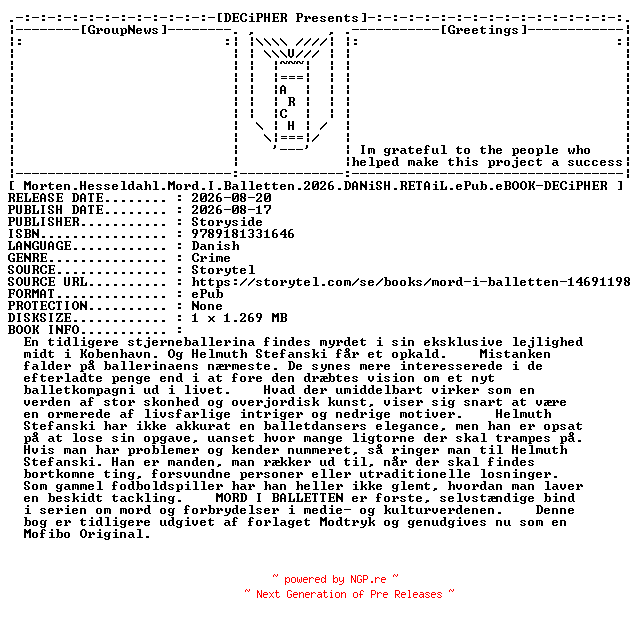 NFO for the release Morten.Hesseldahl.Mord.I.Balletten.2026.DANiSH.RETAiL.ePub.eBOOK-DECiPHER by DECiPHER