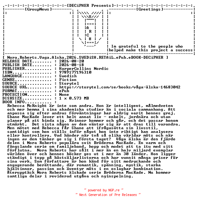NFO for the release Nora.Roberts.Vaga.Alska.2026.SWEDiSH.RETAiL.ePub.eBOOK-DECiPHER by DECiPHER