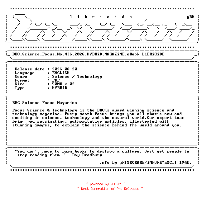 NFO for the release BBC.Science.Focus.No.436.2026.HYBRiD.MAGAZiNE.eBook-LiBRiCiDE by LiBRiCiDE