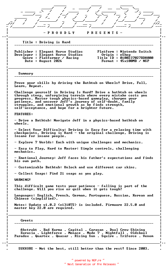 NFO for the release Driving_Is_Hard_NSW-SUXXORS by SUXXORS